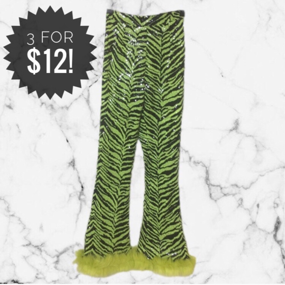 PLT Sequin Zebra Fur Trim Flare Pants Neon Green 2